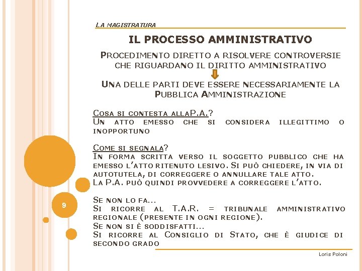 LA MAGISTRATURA IL PROCESSO AMMINISTRATIVO PROCEDIMENTO DIRETTO A RISOLVERE CONTROVERSIE CHE RIGUARDANO IL DIRITTO