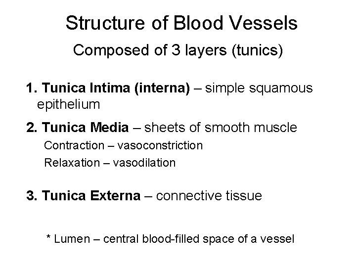 Structure of Blood Vessels Composed of 3 layers (tunics) 1. Tunica Intima (interna) –