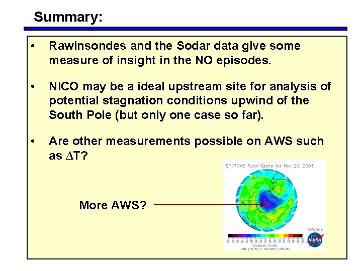 Summary: • Rawinsondes and the Sodar data give some measure of insight in the