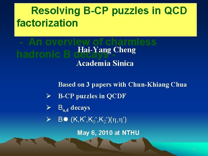 Resolving B-CP puzzles in QCD factorization - An overview of charmless Hai-Yang Cheng hadronic