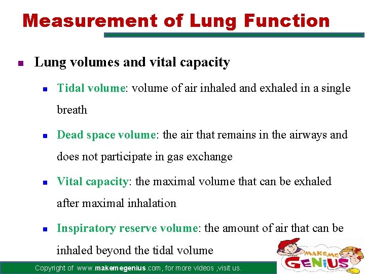Measurement of Lung Function n Lung volumes and vital capacity n Tidal volume: volume Measurement of Lung Function n Lung volumes and vital capacity n Tidal volume: volume