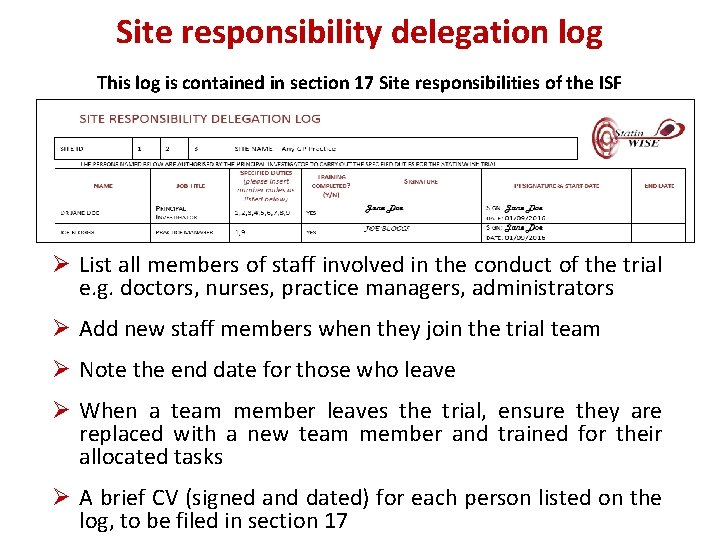 Site responsibility delegation log This log is contained in section 17 Site responsibilities of
