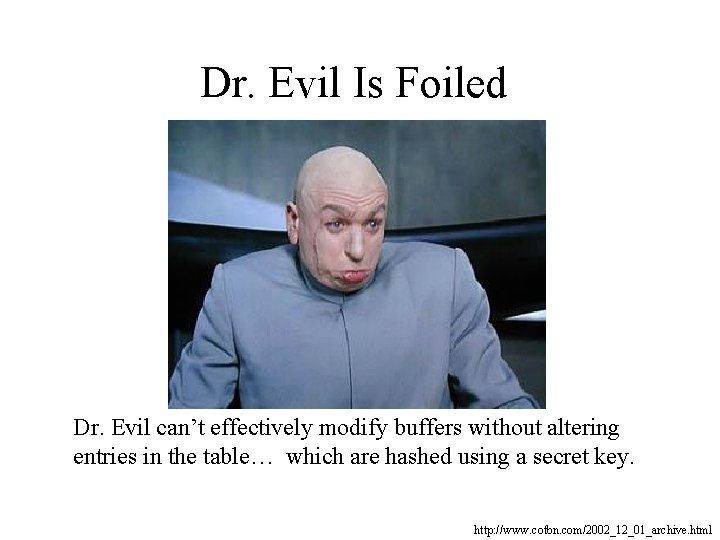 Dr. Evil Is Foiled Dr. Evil can’t effectively modify buffers without altering entries in