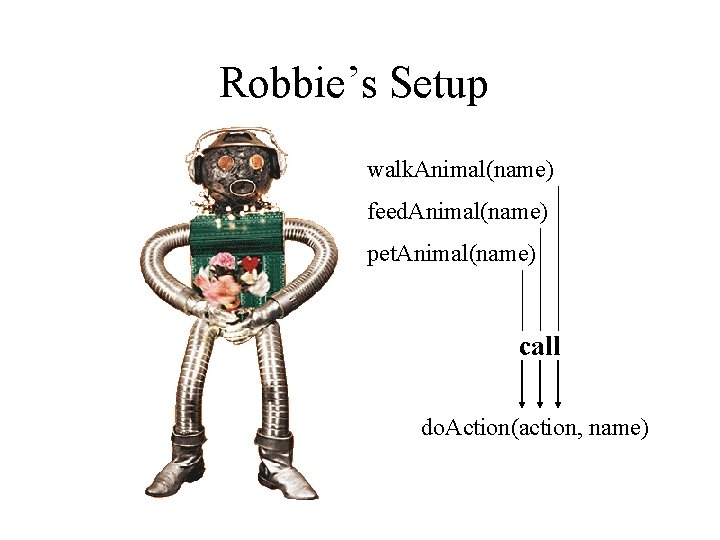 Robbie’s Setup walk. Animal(name) feed. Animal(name) pet. Animal(name) call do. Action(action, name) 