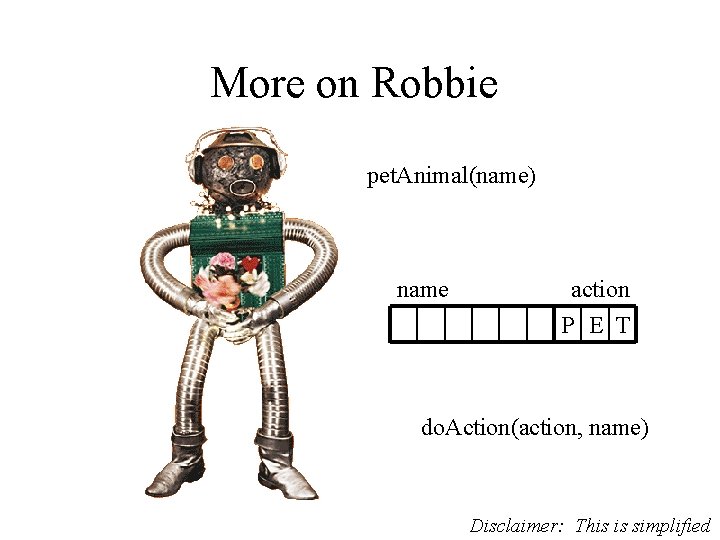 More on Robbie pet. Animal(name) name action P E T do. Action(action, name) Disclaimer: