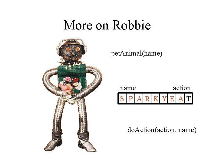 More on Robbie pet. Animal(name) name action S P A R K Y E