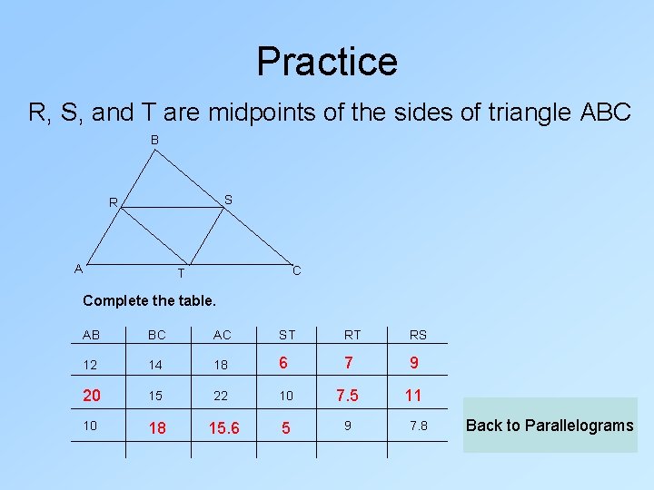 Practice R, S, and T are midpoints of the sides of triangle ABC B
