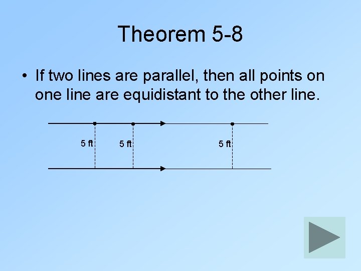 Theorem 5 -8 • If two lines are parallel, then all points on one