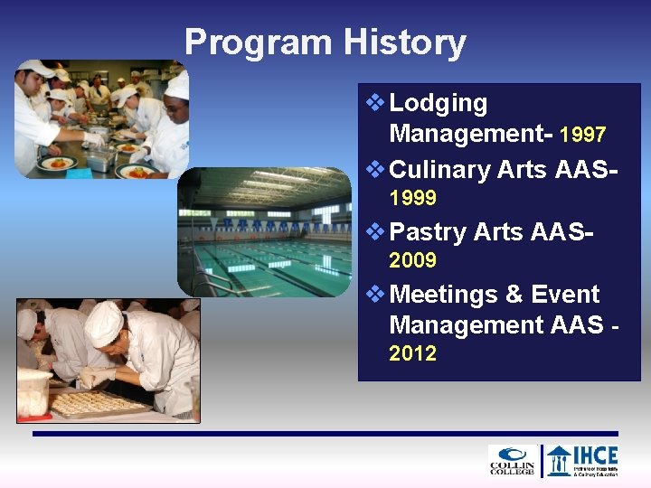 Program History v Lodging Management- 1997 v Culinary Arts AAS 1999 v Pastry Arts