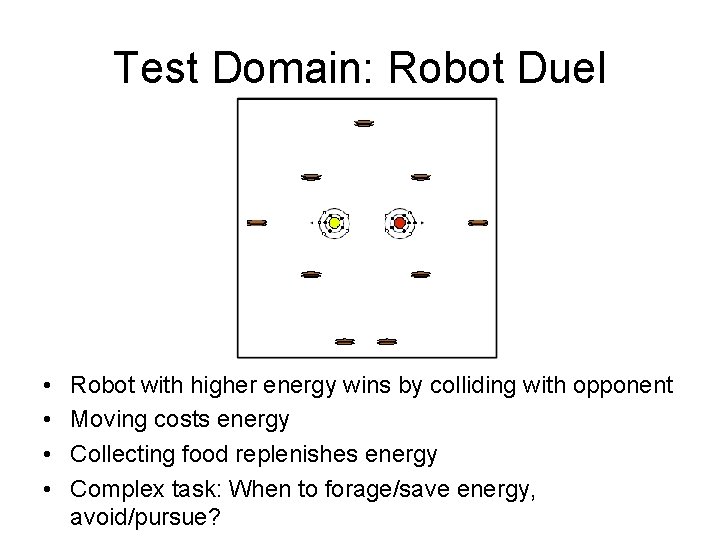 Test Domain: Robot Duel • • Robot with higher energy wins by colliding with
