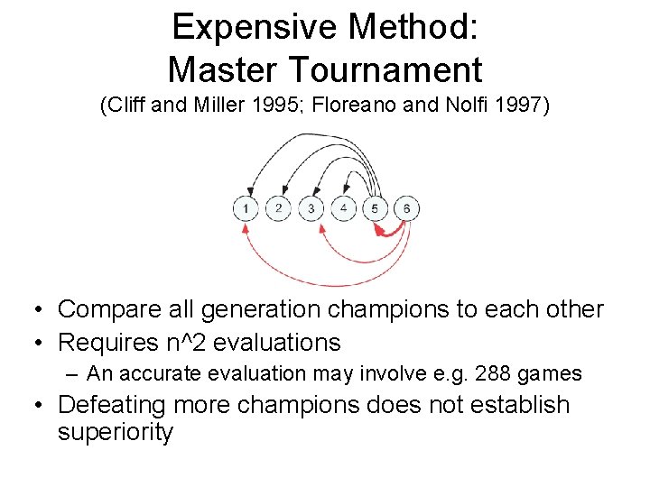 Expensive Method: Master Tournament (Cliff and Miller 1995; Floreano and Nolfi 1997) • Compare
