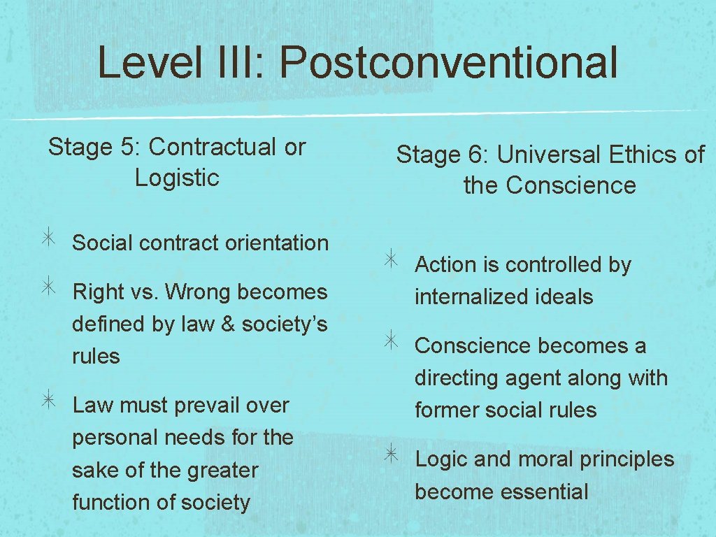 Level III: Postconventional Stage 5: Contractual or Logistic Social contract orientation Right vs. Wrong