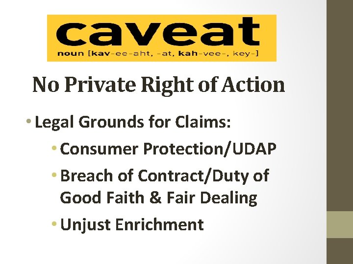 No Private Right of Action • Legal Grounds for Claims: • Consumer Protection/UDAP •