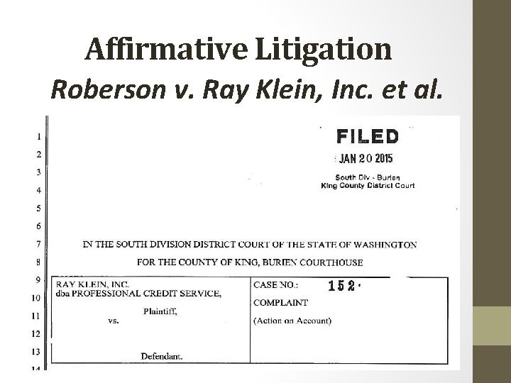 Affirmative Litigation Roberson v. Ray Klein, Inc. et al. 