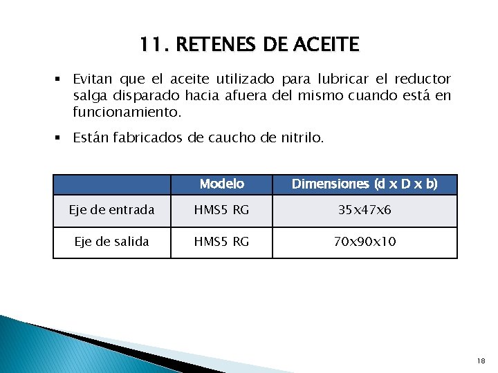 11. RETENES DE ACEITE § Evitan que el aceite utilizado para lubricar el reductor