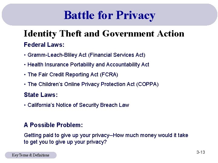 Battle for Privacy Identity Theft and Government Action Federal Laws: • Gramm-Leach-Bliley Act (Financial Battle for Privacy Identity Theft and Government Action Federal Laws: • Gramm-Leach-Bliley Act (Financial
