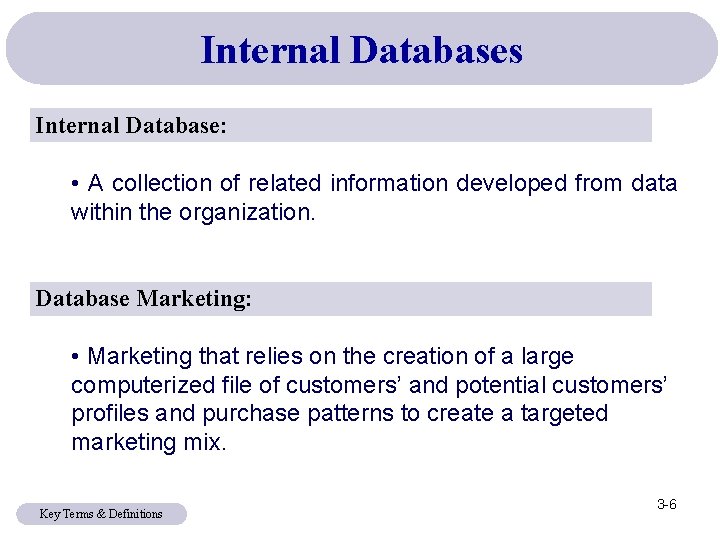 Internal Databases Internal Database: • A collection of related information developed from data within Internal Databases Internal Database: • A collection of related information developed from data within