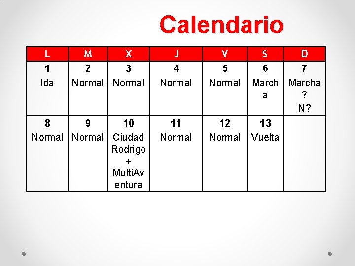 Calendario L 1 Ida M X 2 3 Normal J 4 Normal V 5