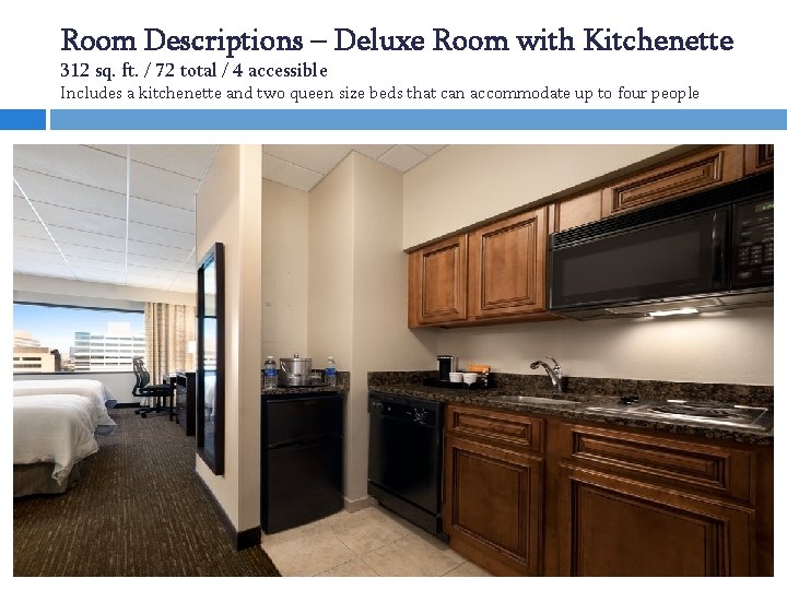 Room Descriptions – Deluxe Room with Kitchenette 312 sq. ft. / 72 total /
