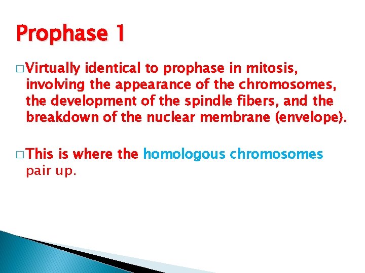 Prophase 1 � Virtually identical to prophase in mitosis, involving the appearance of the