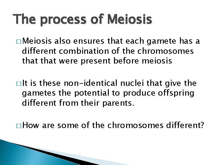 The process of Meiosis � Meiosis also ensures that each gamete has a different