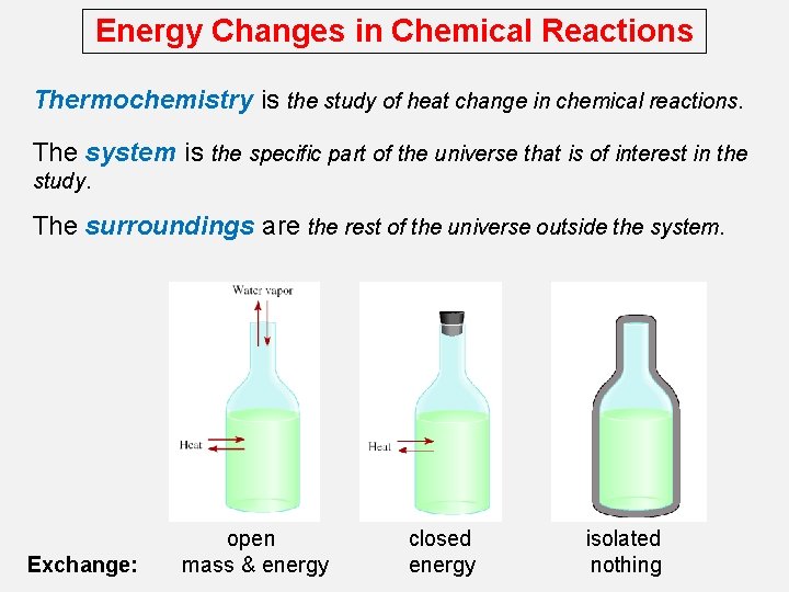 Energy Changes in Chemical Reactions Thermochemistry is the study of heat change in chemical