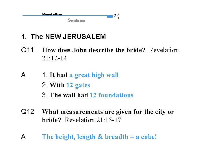 Revelation Seminars 24 1. The NEW JERUSALEM Q 11 How does John describe the