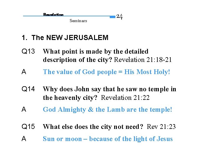 Revelation Seminars 24 1. The NEW JERUSALEM Q 13 What point is made by