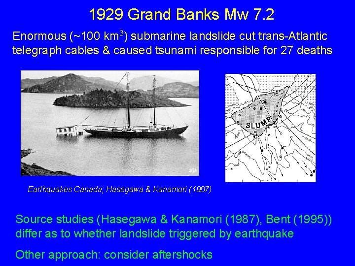 1929 Grand Banks Mw 7. 2 Enormous (~100 km 3) submarine landslide cut trans-Atlantic 1929 Grand Banks Mw 7. 2 Enormous (~100 km 3) submarine landslide cut trans-Atlantic
