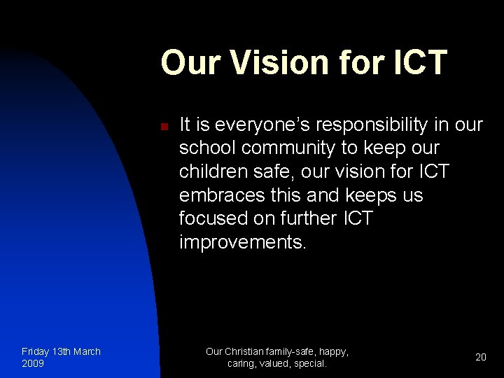 Our Vision for ICT n Friday 13 th March 2009 It is everyone’s responsibility