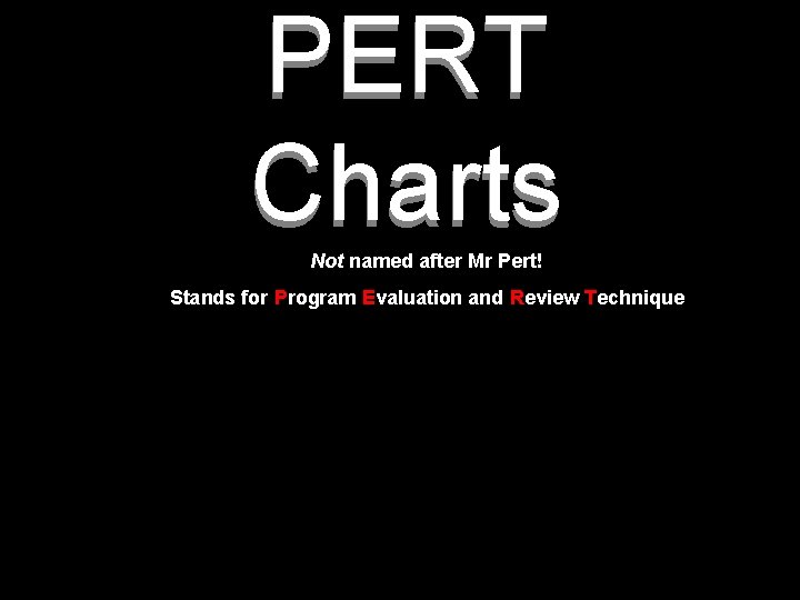 PERT Charts Not named after Mr Pert! Stands for Program Evaluation and Review Technique