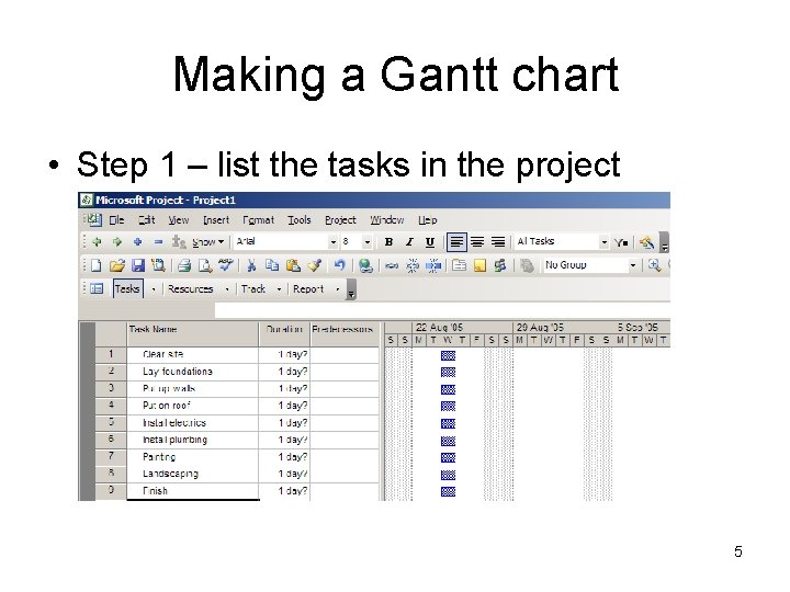 Making a Gantt chart • Step 1 – list the tasks in the project
