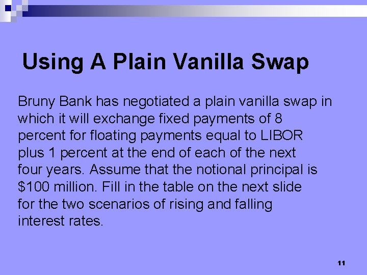 Using A Plain Vanilla Swap Bruny Bank has negotiated a plain vanilla swap in