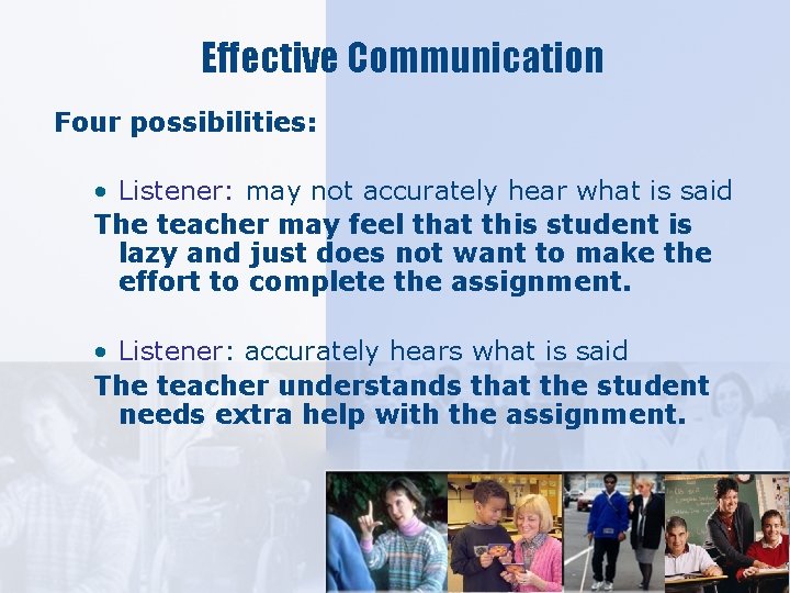 Effective Communication Four possibilities: • Listener: may not accurately hear what is said The