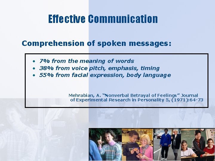 Effective Communication Comprehension of spoken messages: • 7% from the meaning of words •