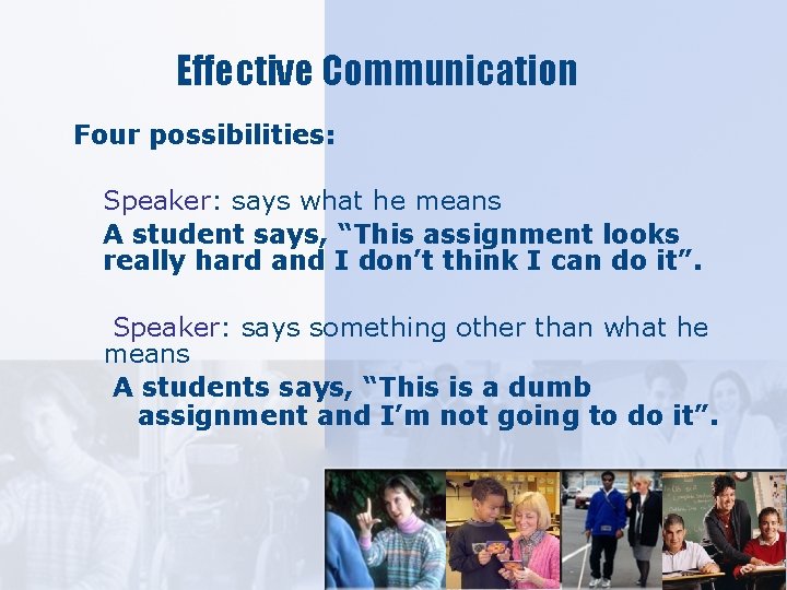 Effective Communication Four possibilities: Speaker: says what he means A student says, “This assignment