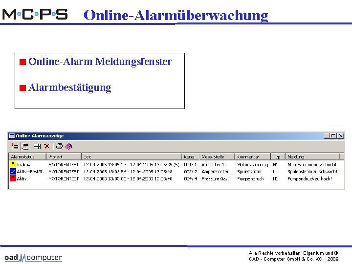 Online-Alarmüberwachung Online-Alarm Meldungsfenster Alarmbestätigung Alle Rechte vorbehalten, Eigentum und © CAD - Computer Gmb.