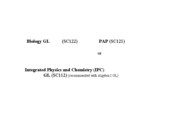  Biology GL (SC 122) PAP (SC 121) or Integrated Physics and Chemistry (IPC)