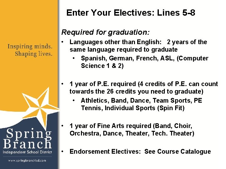 Enter Your Electives: Lines 5 -8 Required for graduation: • Languages other than English: