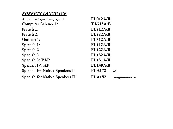 FOREIGN LANGUAGE American Sign Language 1: Computer Science 1: French 1: French 2: German