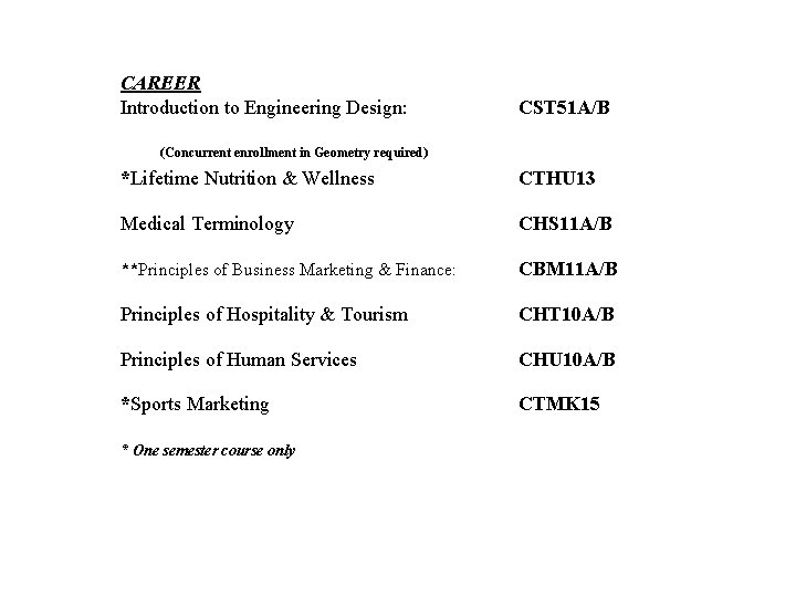 CAREER Introduction to Engineering Design: (Concurrent enrollment in Geometry required) CST 51 A/B *Lifetime CAREER Introduction to Engineering Design: (Concurrent enrollment in Geometry required) CST 51 A/B *Lifetime