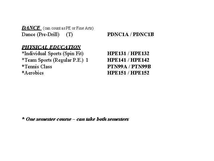 DANCE (can count as PE or Fine Arts) Dance (Pre-Drill) (T) PHYSICAL EDUCATION *Individual DANCE (can count as PE or Fine Arts) Dance (Pre-Drill) (T) PHYSICAL EDUCATION *Individual