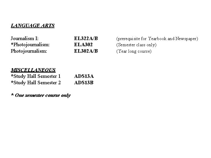 LANGUAGE ARTS Journalism I: *Photojournalism: MISCELLANEOUS *Study Hall Semester 1 *Study Hall Semester 2