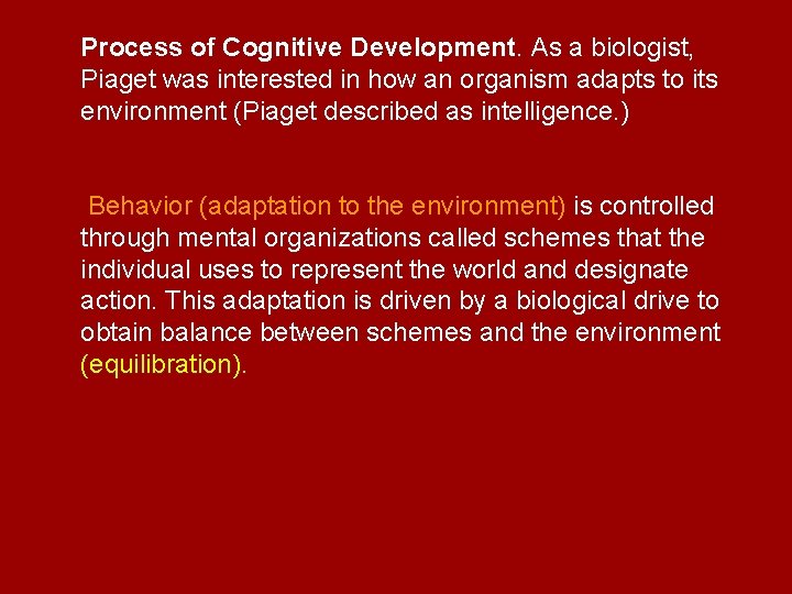 Process of Cognitive Development. As a biologist, Piaget was interested in how an organism