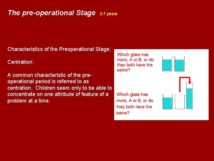 The pre-operational Stage 2 -7 years Characteristics of the Preoperational Stage: Centration: A common