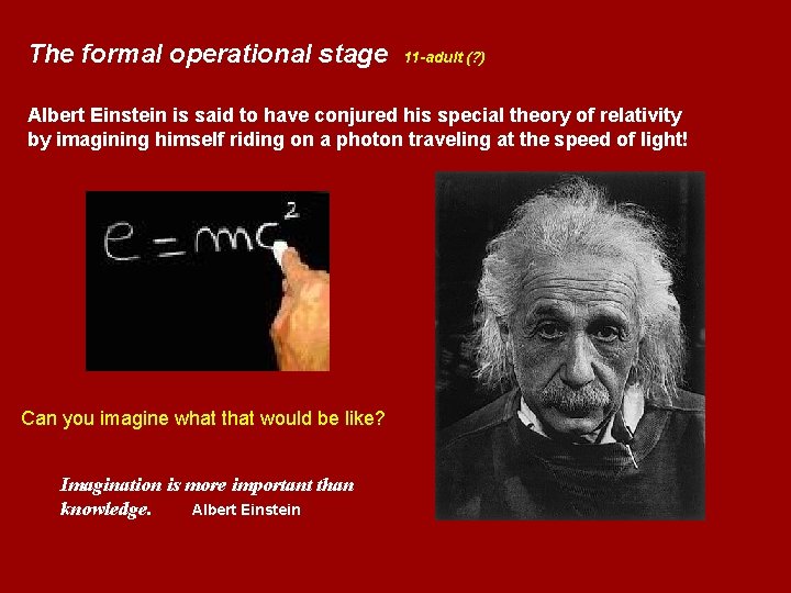 The formal operational stage 11 -adult (? ) Albert Einstein is said to have