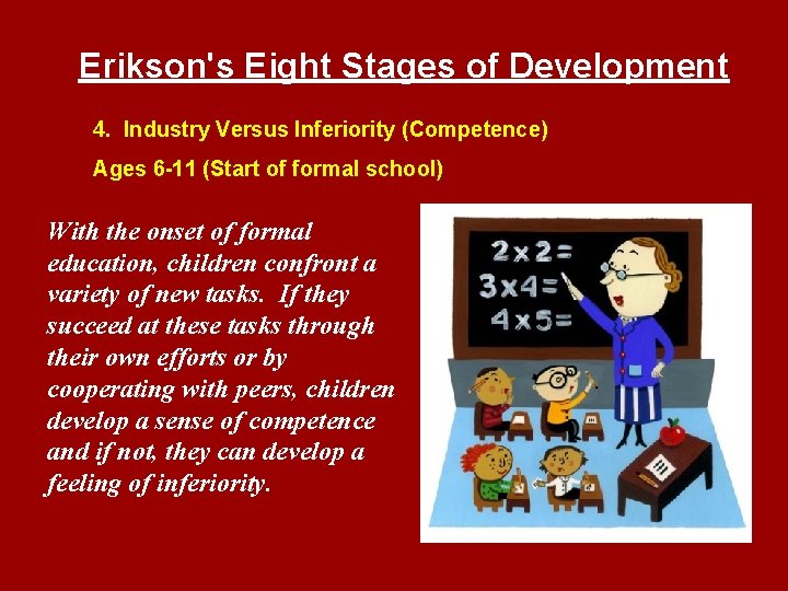 Erikson's Eight Stages of Development 4. Industry Versus Inferiority (Competence) Ages 6 -11 (Start