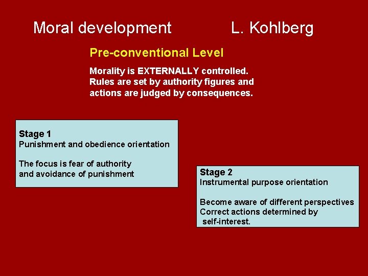  Moral development L. Kohlberg Pre-conventional Level Morality is EXTERNALLY controlled. Rules are set