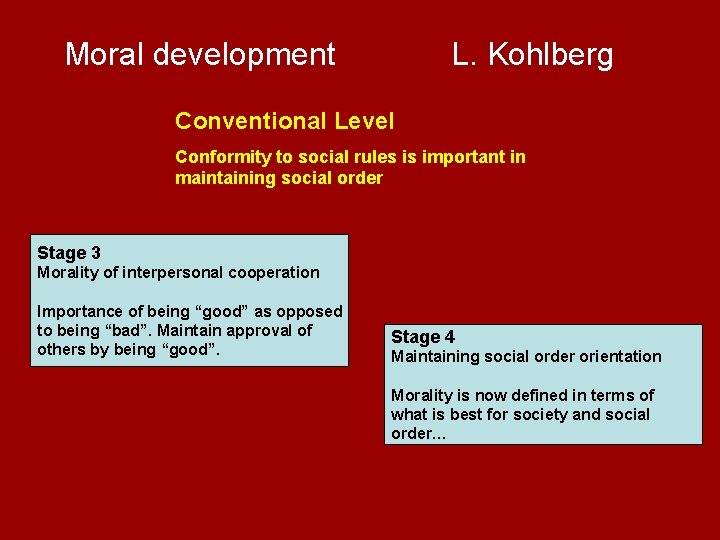  Moral development L. Kohlberg Conventional Level Conformity to social rules is important in