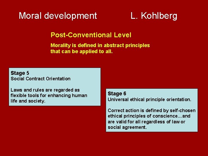  Moral development L. Kohlberg Post-Conventional Level Morality is defined in abstract principles that